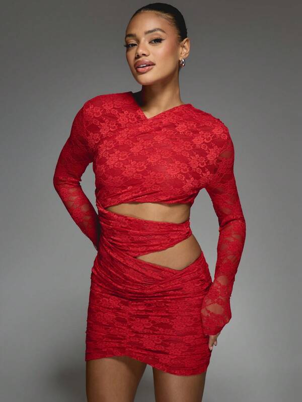 Missguided MISSGUIDED Lace Long Sleeve Cut-Out Ruched Bodycon Wrap Style Mini Dress