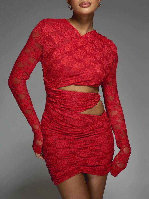 Missguided MISSGUIDED Lace Long Sleeve Cut-Out Ruched Bodycon Wrap Style Mini Dress
