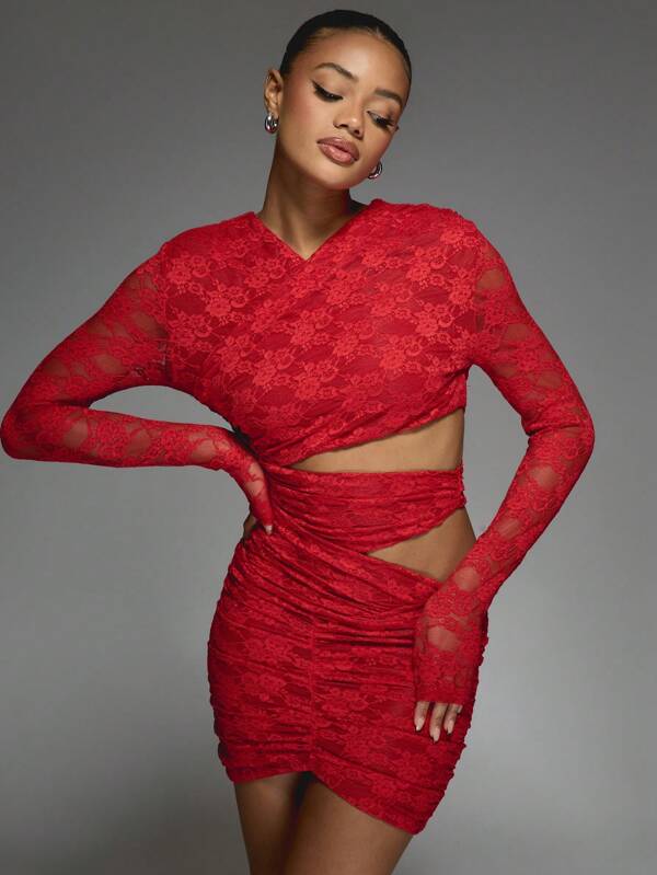 missguided MISSGUIDED Lace Long Sleeve Cut-Out Ruched Bodycon Wrap Style Mini Dress