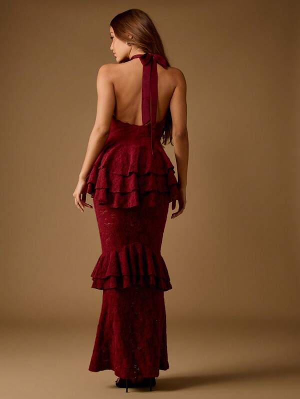 Missguided MISSGUIDED Lace Mermaid Gown With Halter Neck Tiered Ruffles