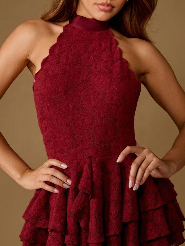 Missguided MISSGUIDED Lace Mermaid Gown With Halter Neck Tiered Ruffles