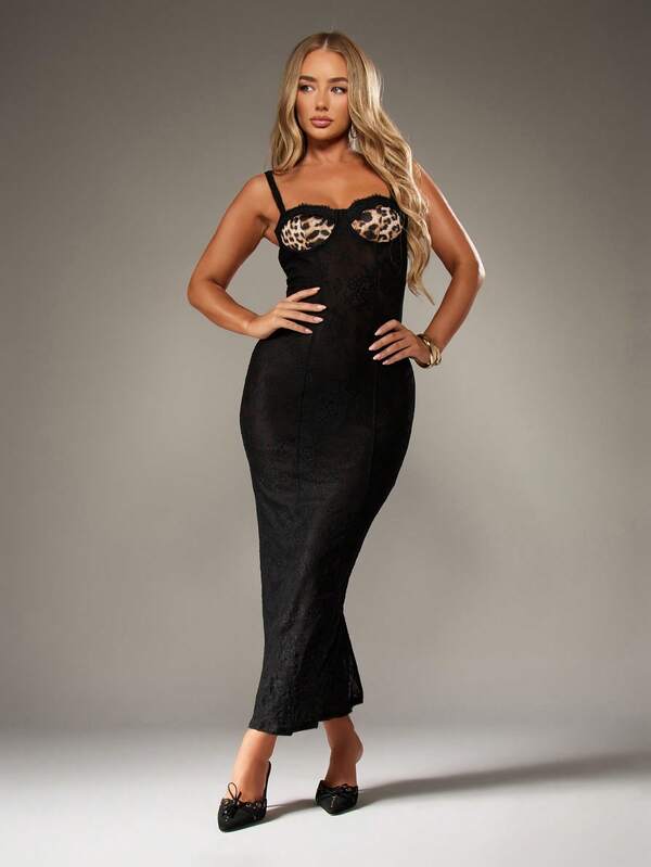 missguided MISSGUIDED Lace Midaxi Dress With Leopard Print Bustier