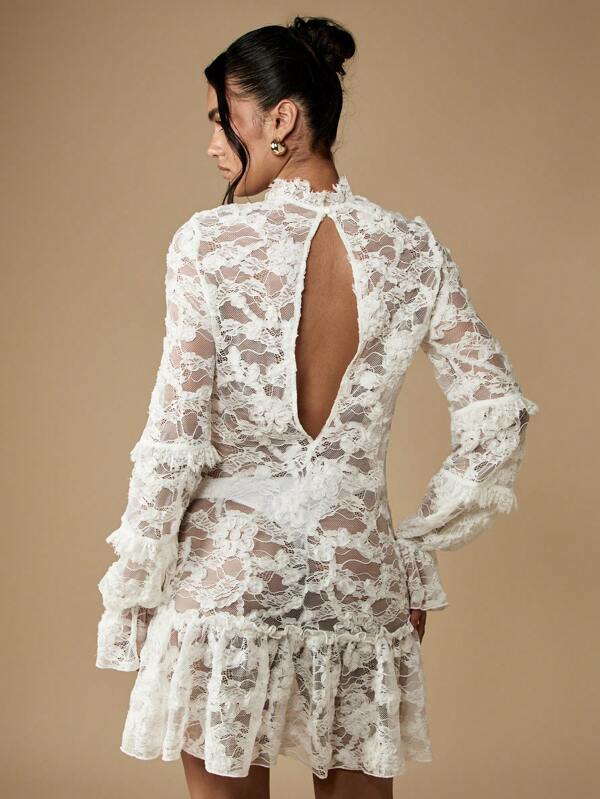 Missguided MISSGUIDED Lace Mini Dress With Ruffle Sleeves And Open Back