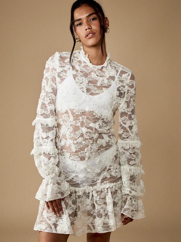 Missguided MISSGUIDED Lace Mini Dress With Ruffle Sleeves And Open Back