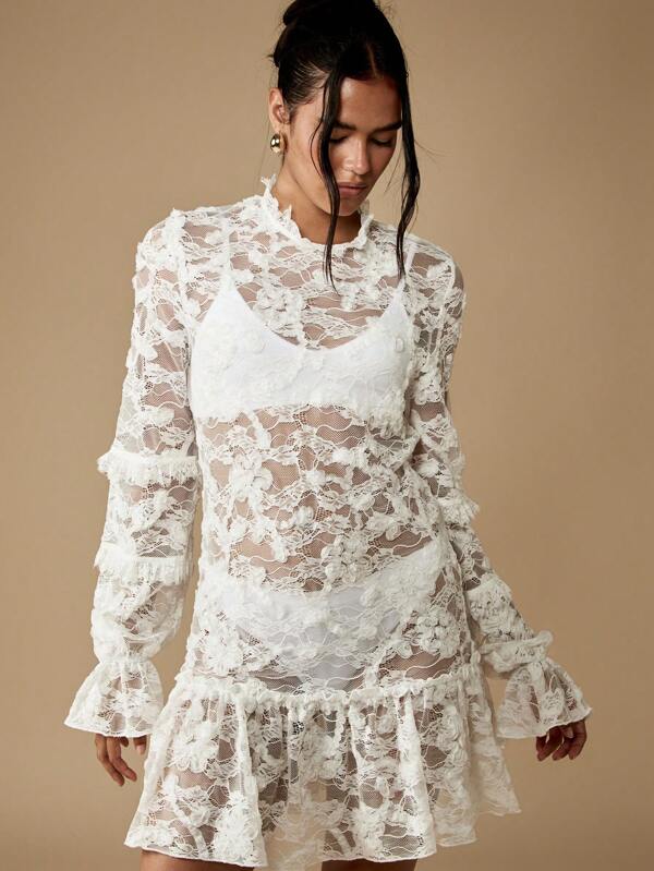 missguided MISSGUIDED Lace Mini Dress With Ruffle Sleeves And Open Back