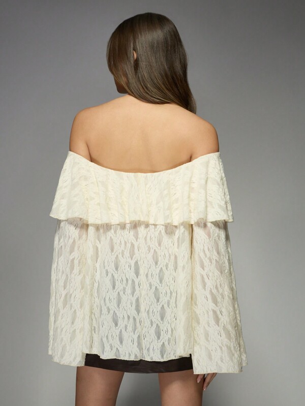 Missguided MISSGUIDED Lace Off-Shoulder Bardot Top Double Layer Ruffle Bell Sleeves