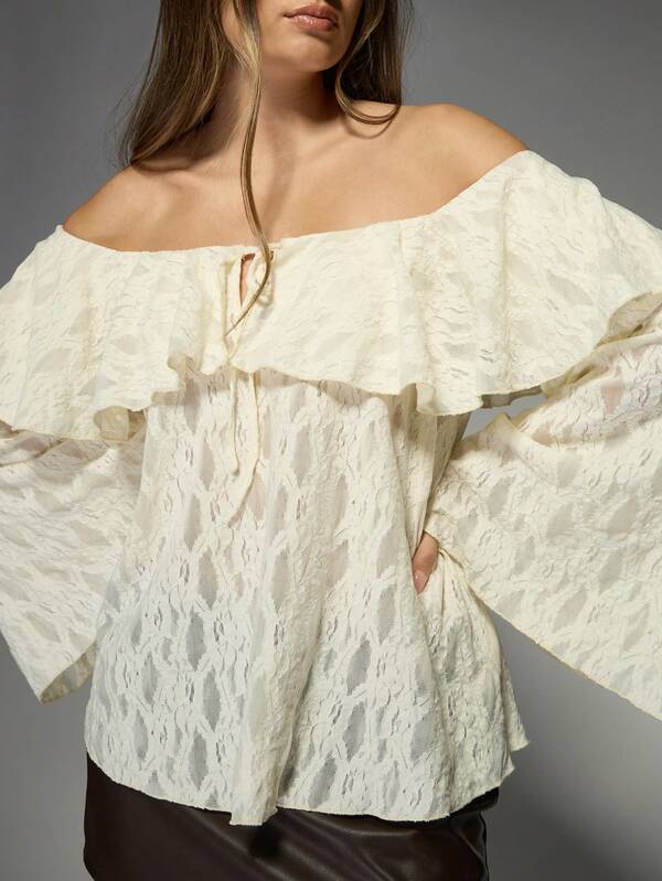 Missguided MISSGUIDED Lace Off-Shoulder Bardot Top Double Layer Ruffle Bell Sleeves
