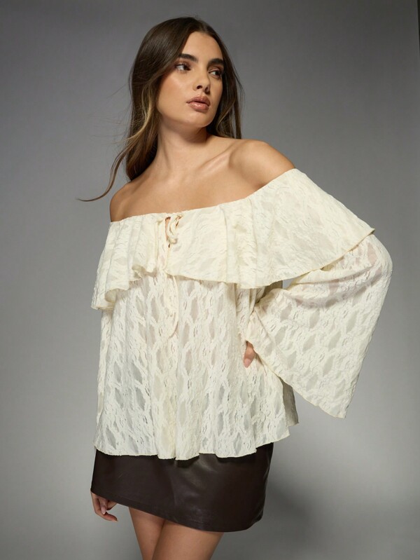 missguided MISSGUIDED Lace Off-Shoulder Bardot Top Double Layer Ruffle Bell Sleeves