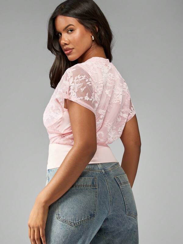 Missguided MISSGUIDED Lace Overlay Cap Sleeve T-Shirt With Cinched Waist