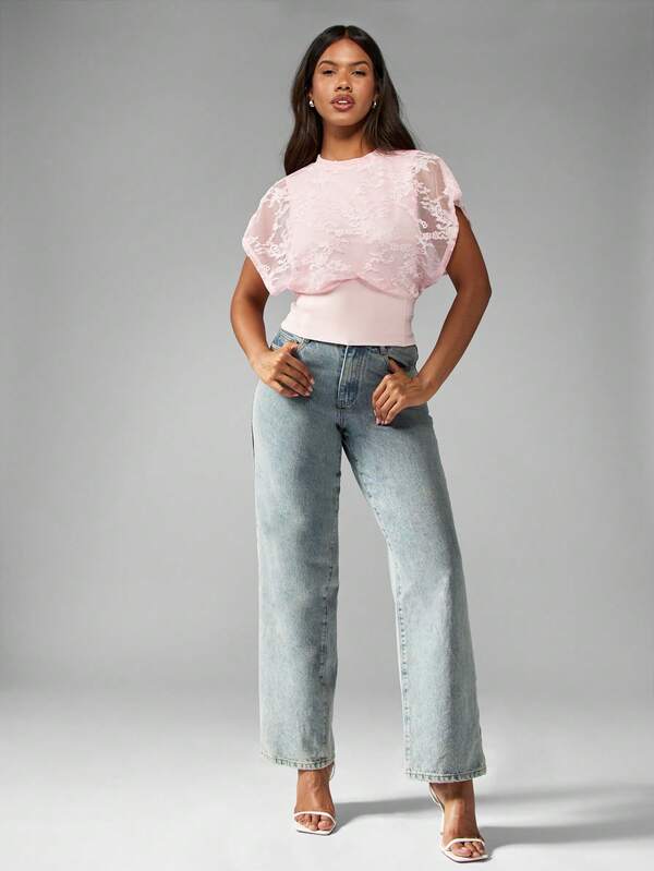 Missguided MISSGUIDED Lace Overlay Cap Sleeve T-Shirt With Cinched Waist