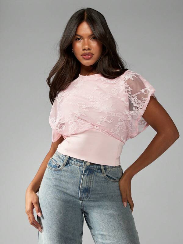 missguided MISSGUIDED Lace Overlay Cap Sleeve T-Shirt With Cinched Waist