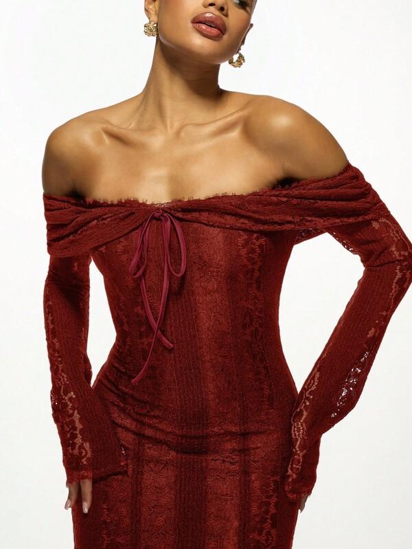 Missguided MISSGUIDED Lace Overlay Mermaid Gown With Long Sleeves