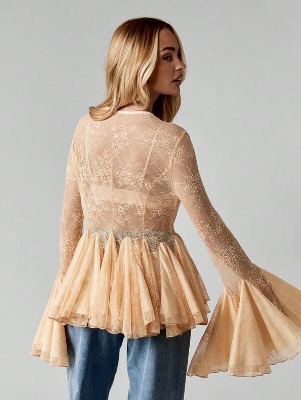 Missguided MISSGUIDED Lace Peplum Blouse With Bell Sleeves