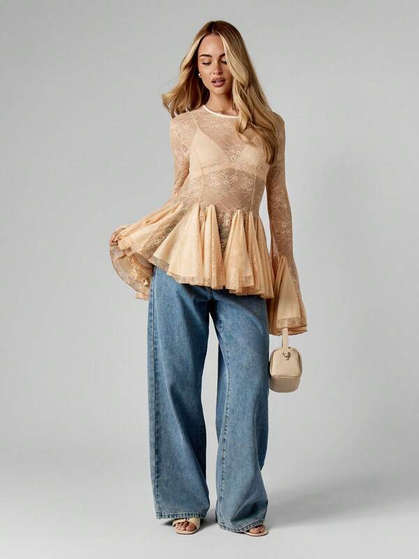 Missguided MISSGUIDED Lace Peplum Blouse With Bell Sleeves