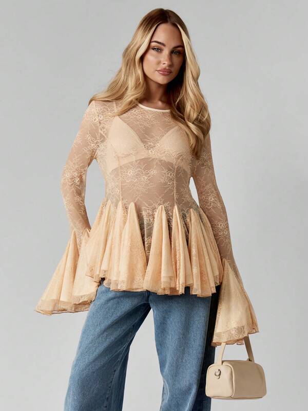 missguided MISSGUIDED Lace Peplum Blouse With Bell Sleeves