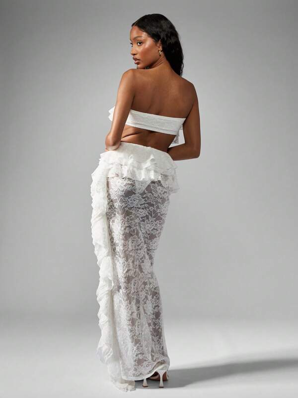 Missguided MISSGUIDED Lace Ruffle Bandeau Crop Top High Waist Maxi Skirt Outfit