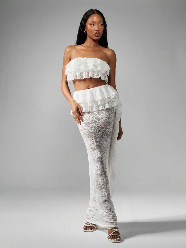 Missguided MISSGUIDED Lace Ruffle Bandeau Crop Top High Waist Maxi Skirt Outfit