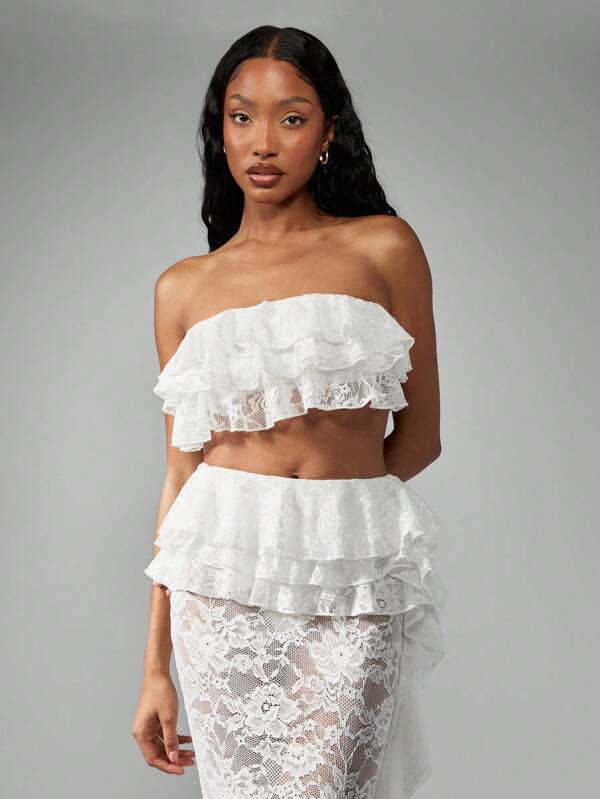 Missguided MISSGUIDED Lace Ruffle Bandeau Crop Top High Waist Maxi Skirt Outfit
