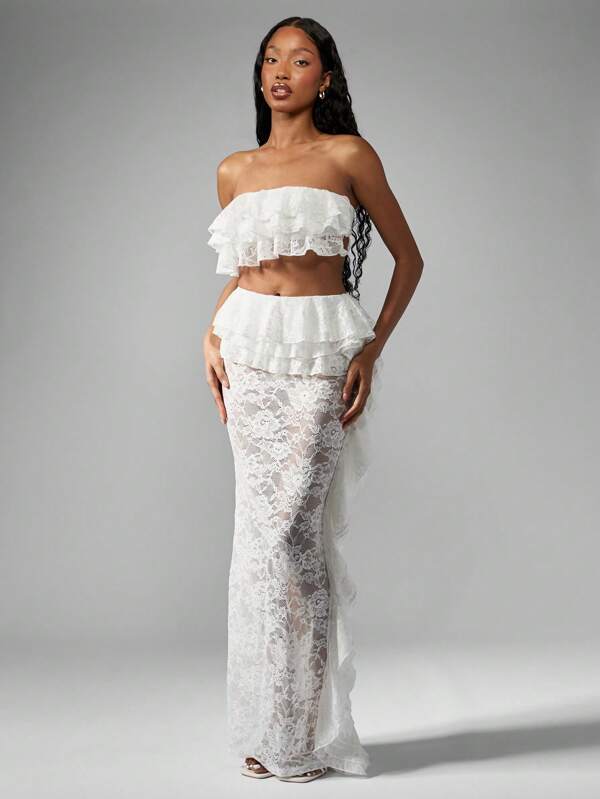 missguided MISSGUIDED Lace Ruffle Bandeau Crop Top High Waist Maxi Skirt Outfit