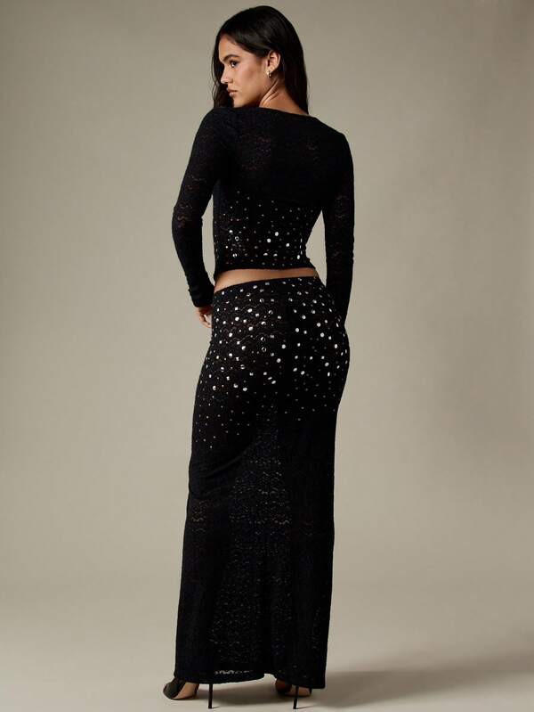 Missguided MISSGUIDED Lace Sequin Studded Crop Top And Maxi Skirt Set