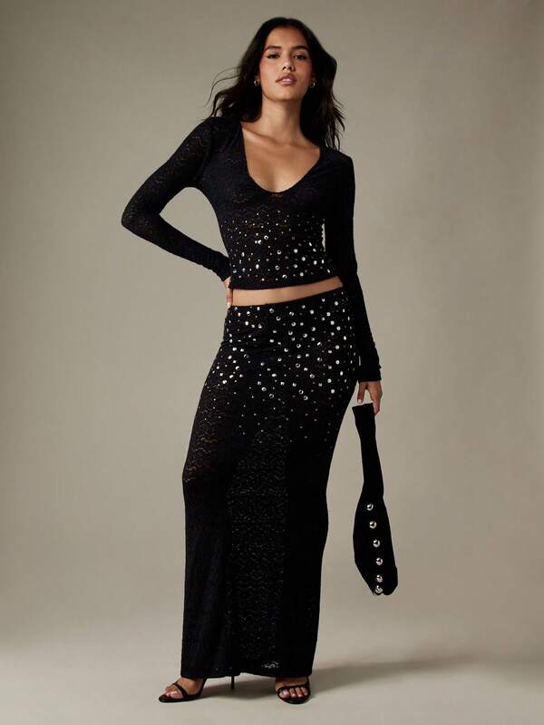Missguided MISSGUIDED Lace Sequin Studded Crop Top And Maxi Skirt Set