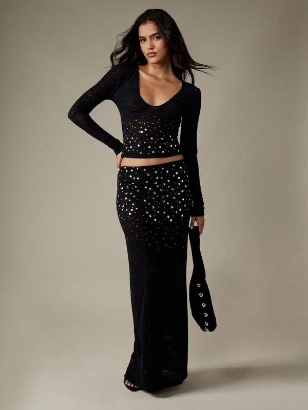 missguided MISSGUIDED Lace Sequin Studded Crop Top And Maxi Skirt Set