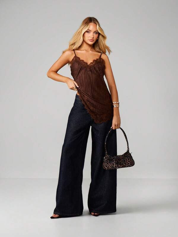 Missguided MISSGUIDED Lace Trim Asymmetric Cami With Fringe