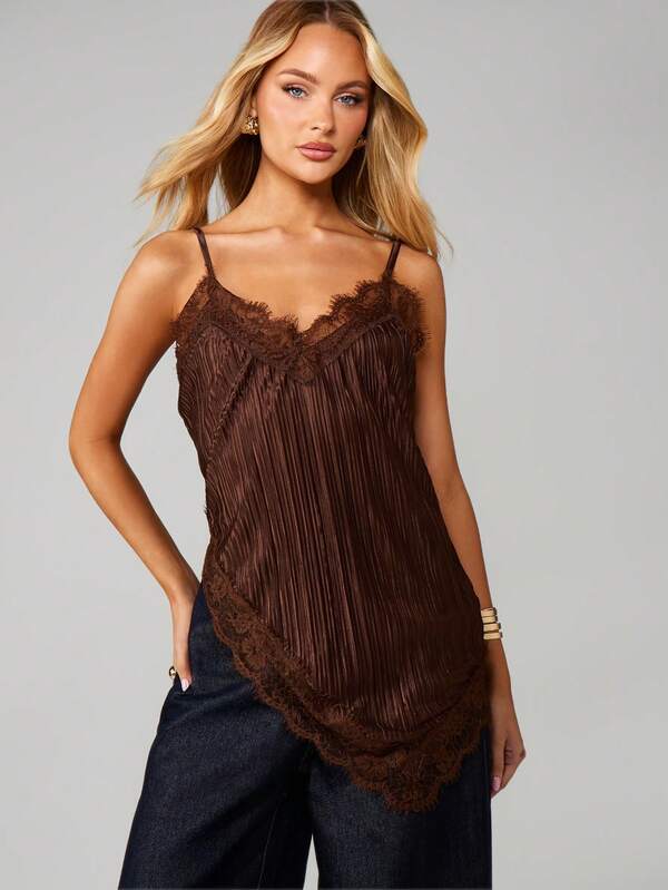 missguided MISSGUIDED Lace Trim Asymmetric Cami With Fringe