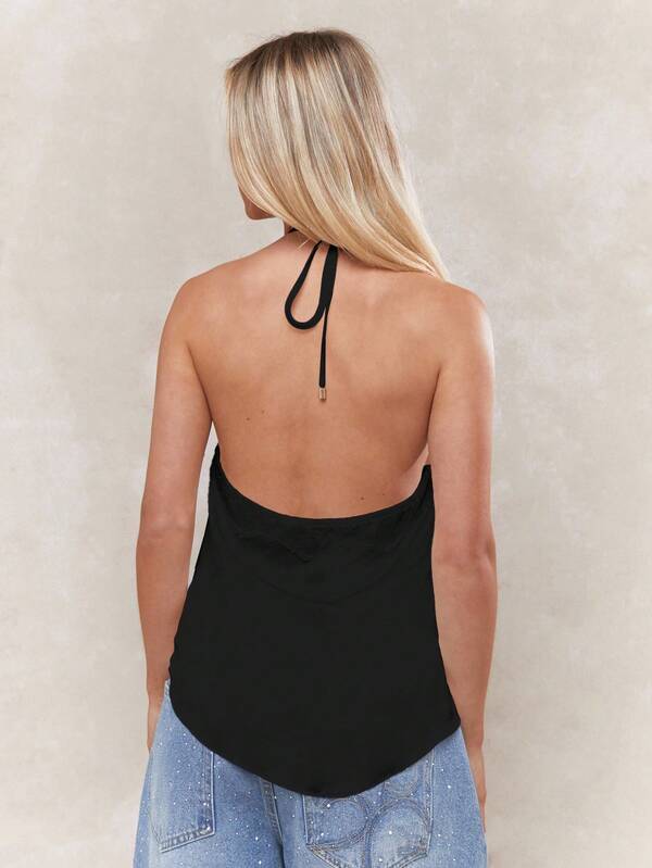 Missguided MISSGUIDED Lace Trim Halter Neck Backless Cami Top