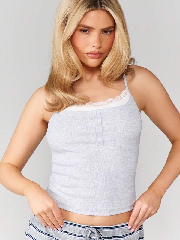 missguided MISSGUIDED Lace Trim Ribbed Tank Top With Straps