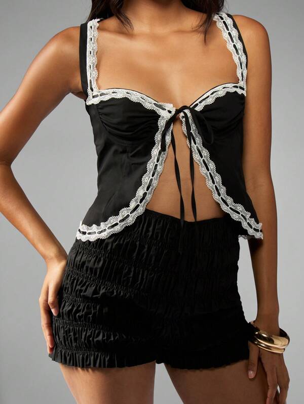 missguided MISSGUIDED Lace Trim Ruched Bustier Top With Tie Front