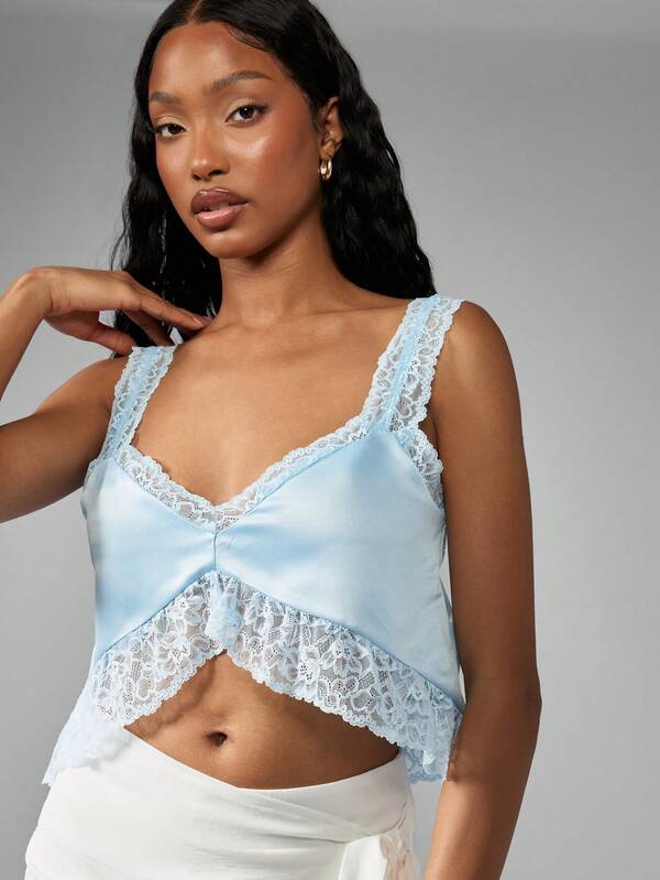 Missguided MISSGUIDED Lace Trim Satin Bustier Style Crop Top