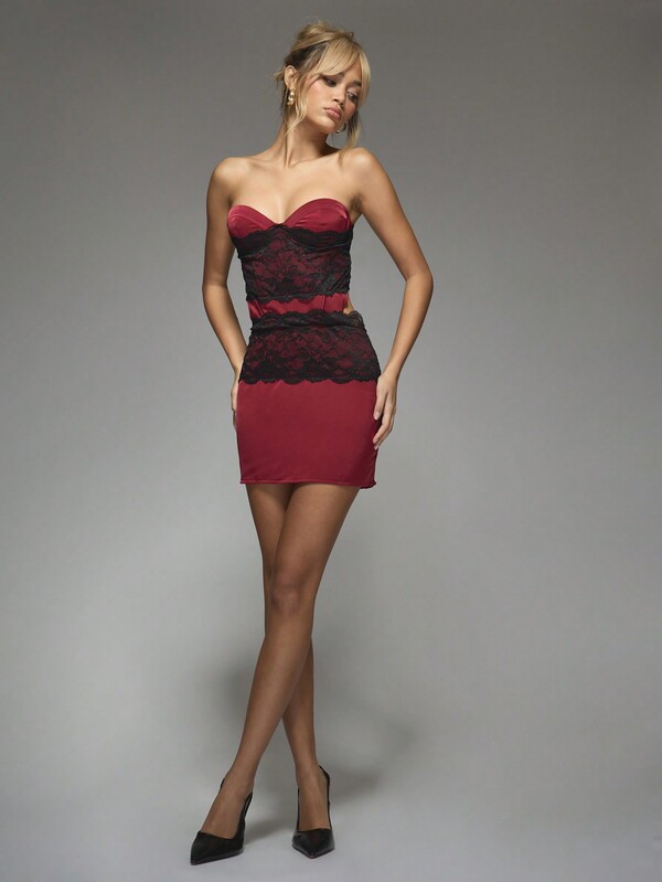 Missguided MISSGUIDED Lace Trim Satin Cup Detail Bandeau Bodycon Mini Dress