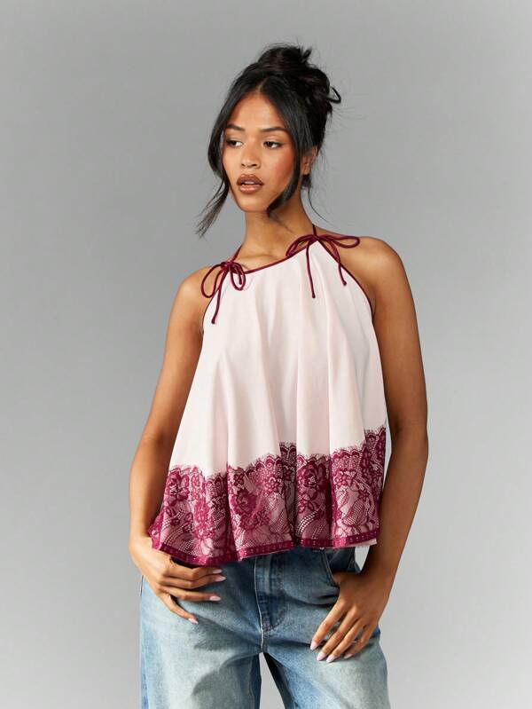 missguided MISSGUIDED Lace Trim Sleeveless Halter Top