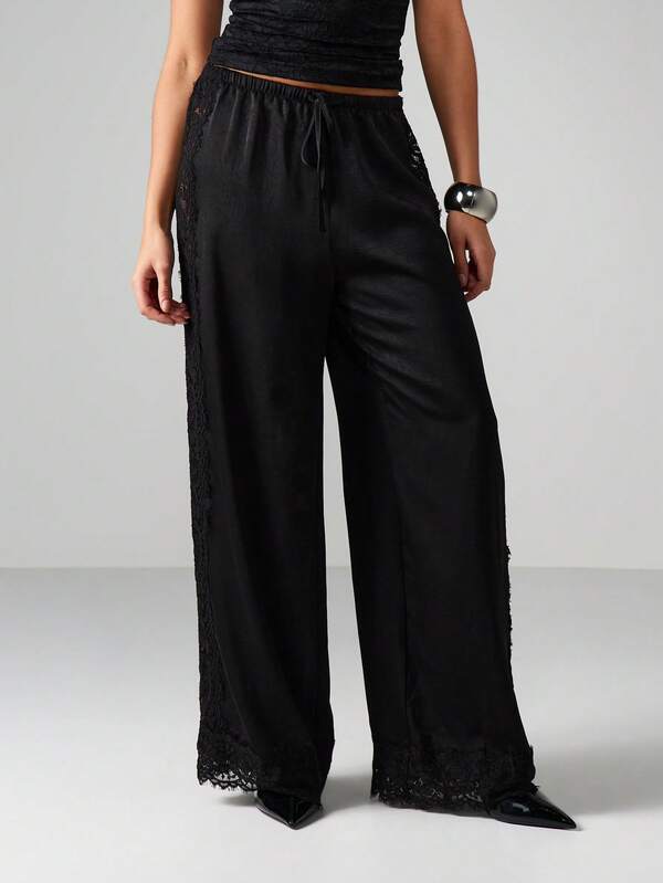 missguided MISSGUIDED Lace Trim Wide Leg Palazzo Pants
