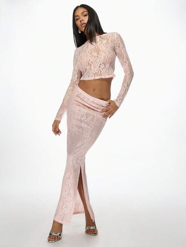 Missguided MISSGUIDED Lace Two-Piece Set Long Sleeve Crop Top Maxi Skirt