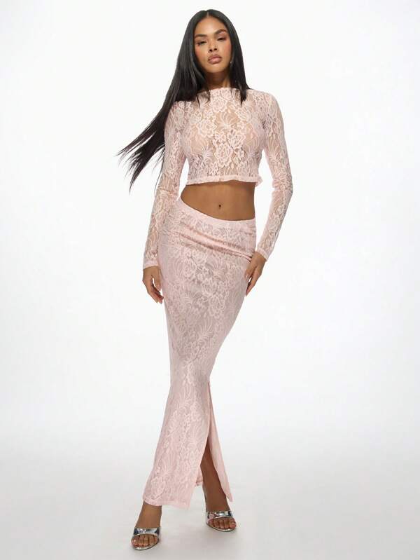 missguided MISSGUIDED Lace Two-Piece Set Long Sleeve Crop Top Maxi Skirt