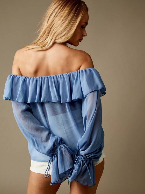 Missguided MISSGUIDED Lace Up Chiffon Bardot Blouse With Balloon Sleeves