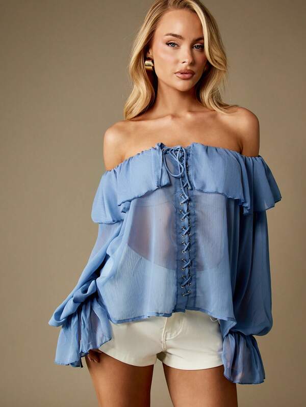 missguided MISSGUIDED Lace Up Chiffon Bardot Blouse With Balloon Sleeves
