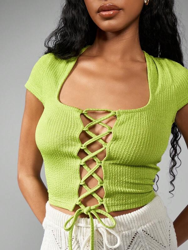 Missguided MISSGUIDED Lace-Up Corset Style Ribbed Crop Top