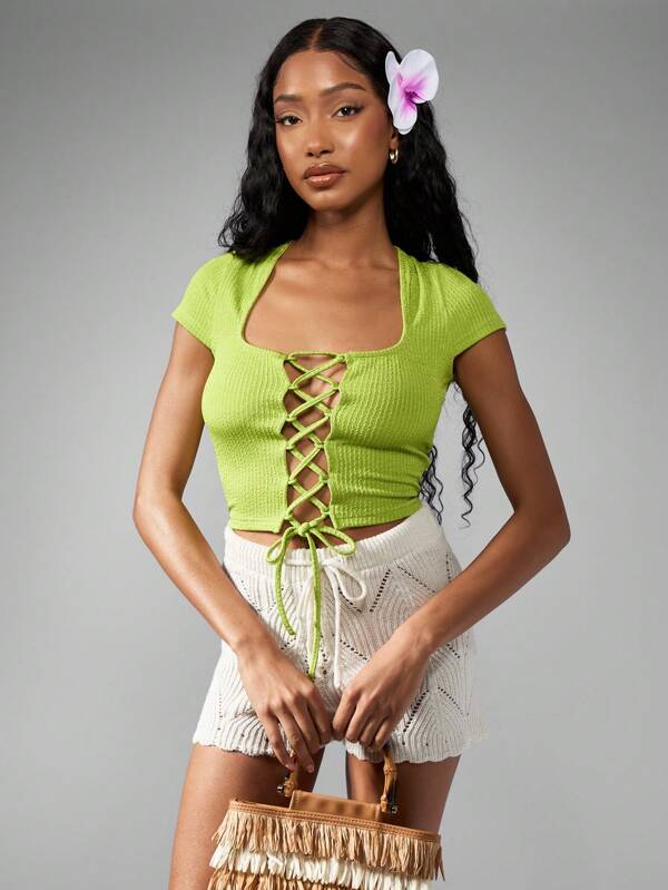 missguided MISSGUIDED Lace-Up Corset Style Ribbed Crop Top