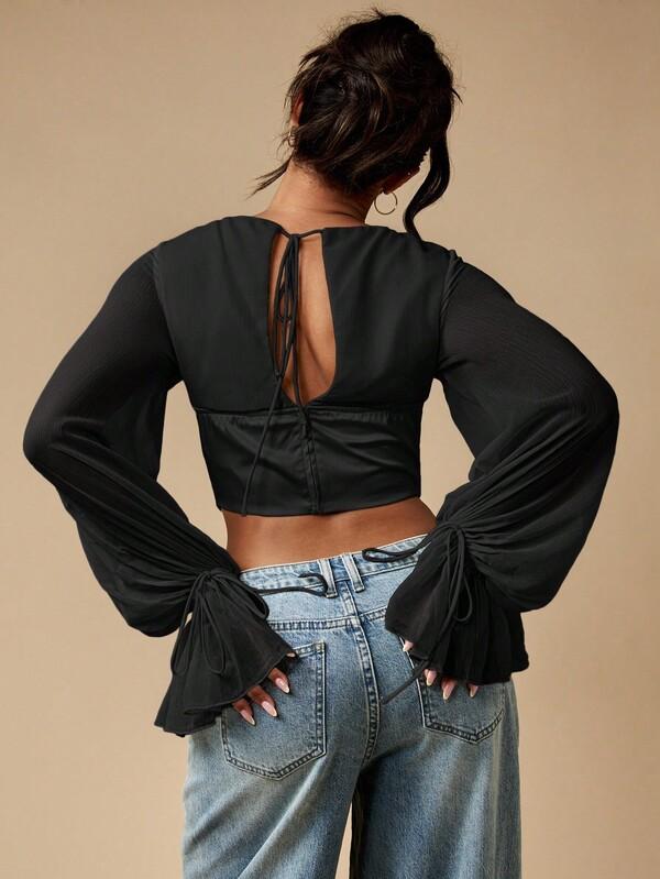 Missguided MISSGUIDED Lace Up Corset Top With Balloon Sleeves And Ruffles