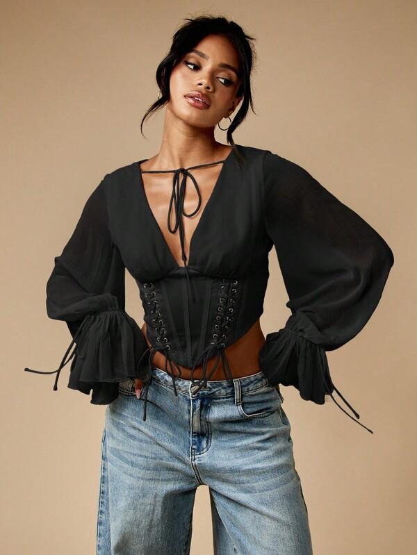 Missguided MISSGUIDED Lace Up Corset Top With Balloon Sleeves And Ruffles