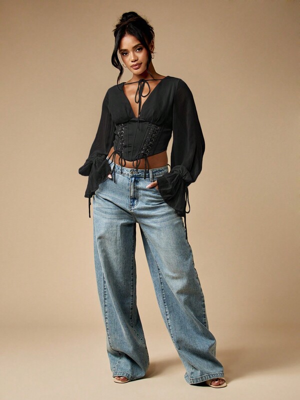 Missguided MISSGUIDED Lace Up Corset Top With Balloon Sleeves And Ruffles