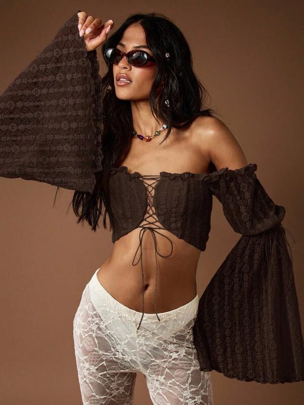 Missguided MISSGUIDED Lace Up Corset Top With Bell Sleeves And Ruffle Trim