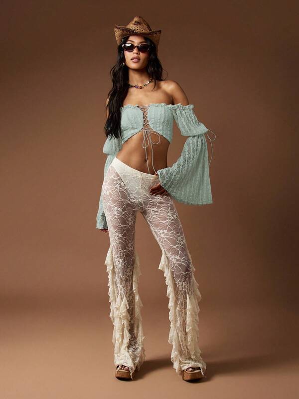 Missguided MISSGUIDED Lace Up Corset Top With Bell Sleeves And Ruffles