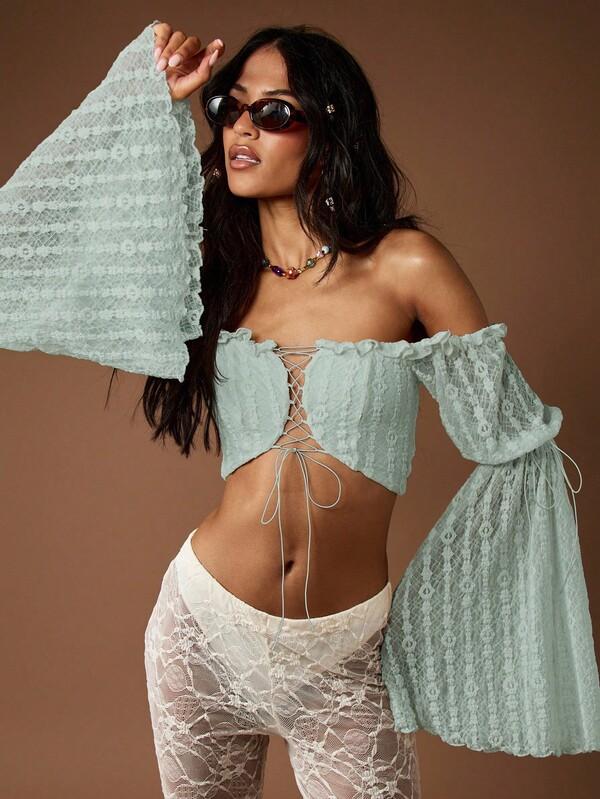 Missguided MISSGUIDED Lace Up Corset Top With Bell Sleeves And Ruffles