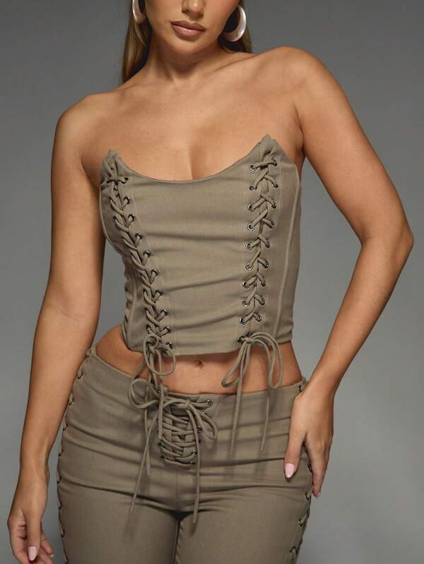 Missguided MISSGUIDED Lace Up Corset Top With High Rise Capri Trousers