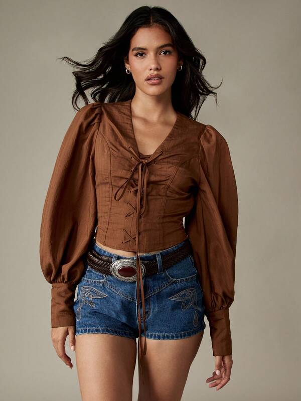 missguided MISSGUIDED Lace Up Corset Top With Puff Sleeves