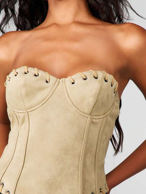 Missguided MISSGUIDED Lace Up Corset Velvet Mini Skirt Two-Piece Outfit